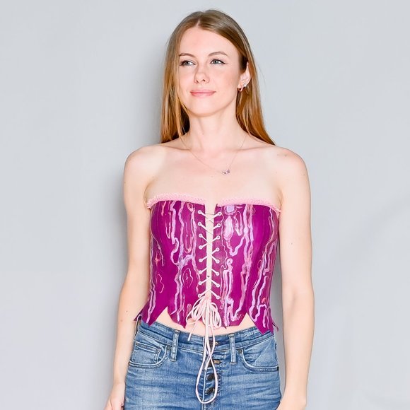 VINTAGE Real Leather Hand Painted Lace-Up Corset Top - Picture 7 of 9